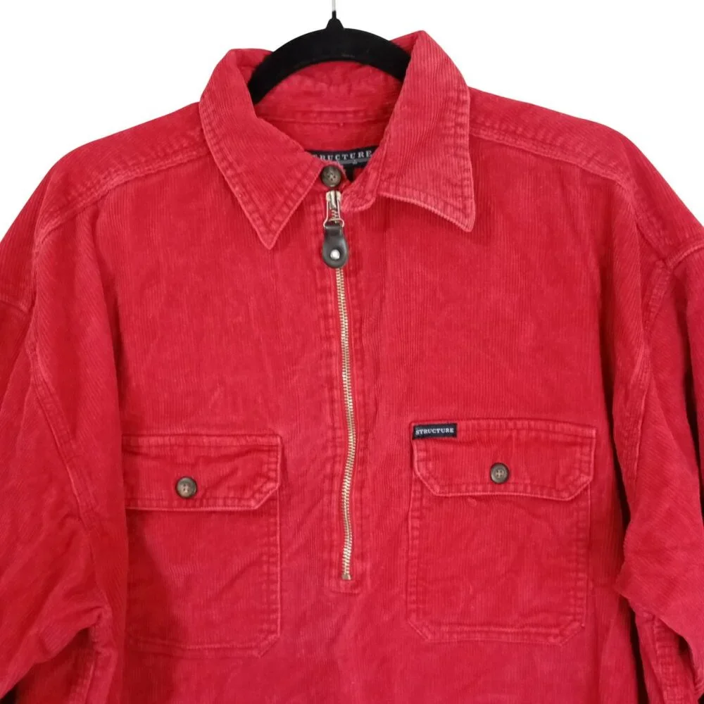 Vintage Structure Red Corduroy Half-Zip Shirt Jacket Size M Long Sleeve Casual - Picture 3 of 10